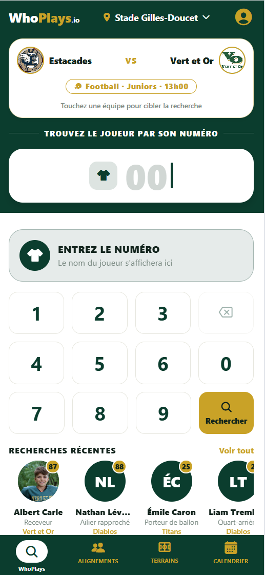 L'application WhoPlays — Estacades vs Vert et Or