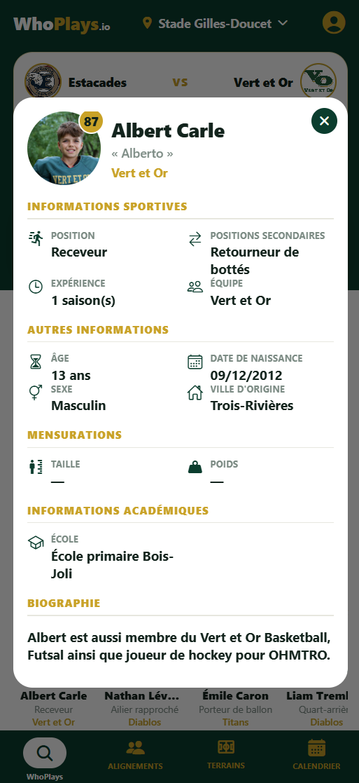Fiche joueur complète